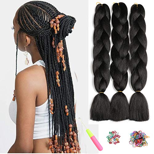 Kanekalon Extensiones de Pelo Trenzas Africanas, Showjarlly 24' Pelo Trenzas Africanas Extensiones, 3 Piezas/Lote Pelo Sintetico Trenzas de Crochet Para Pelo Trenzas Africanas Extensiones Negro