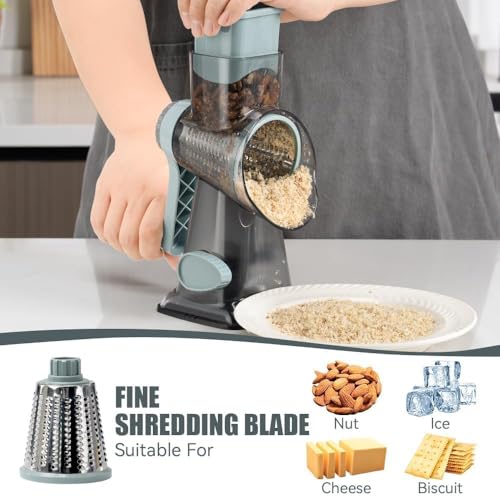 Image of KEOUKE Rotary Cheese Grater Hand Crank Transparent - Shredder Slicer Grinder 3 Stainless Steel Blades, Stable Suction, Labor-Saving Handle, Safe Kitchen Tool for Cheese, Vegetable, Nuts, Chocolate