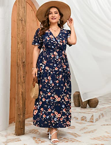 Image of ShopWonder Womens Plus Size V Neck Wrap Maxi Dress High Waist Ruffle Summer Casual Dress with Belt