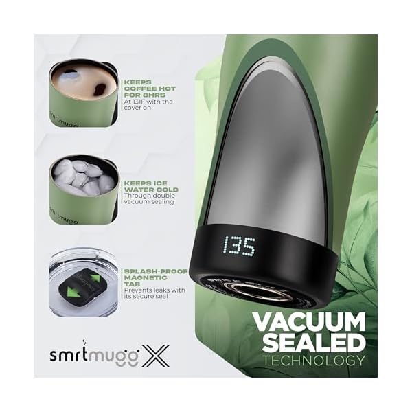 X Heated Coffee Mug 19 oz., 8 Hour Battery Life, Self-Heating, Adjustable Temp Controlled, LCD Screen, Includes Cover with Magnetic Slider (Black) (Sage Green) - Image 5