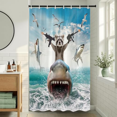 Image of TOMOZ Funny Animal Shower Curtain, Cool Raccoon Riding Shark Theme Ocean Shower Curtain for Bathroom, Fun Nautical Fabric Bath Curtain with 12 Hooks 48 x 70Inch