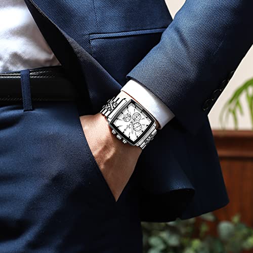 REWARD Square Mens Wrist Watches, Luxury Fashion Analog Quartz Watch, Classic Big Face Chronograph Waterproof Luminous Date Stainless Business Watches for Men Black/Silver/Blue Dial