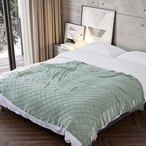 Treely Aqua Throw Blanket With Fringe Tassels Knitted Throw Blanket Textured Solid Decorative Knit Blanket For Bed Couch, 50" X 67.7", Aqua #TOP1