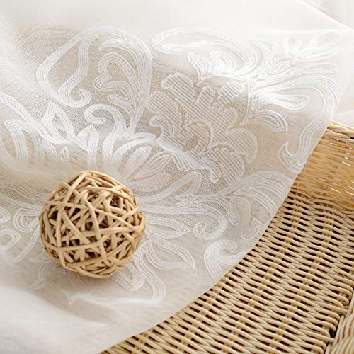 Vogol Sheer Curtains 84 Inches Long, European Floral Embroidered White Sheer Window Curtains For Living Room/Ding Room, Rod Pocket, W52 X L84, 2 Panels #TOP5