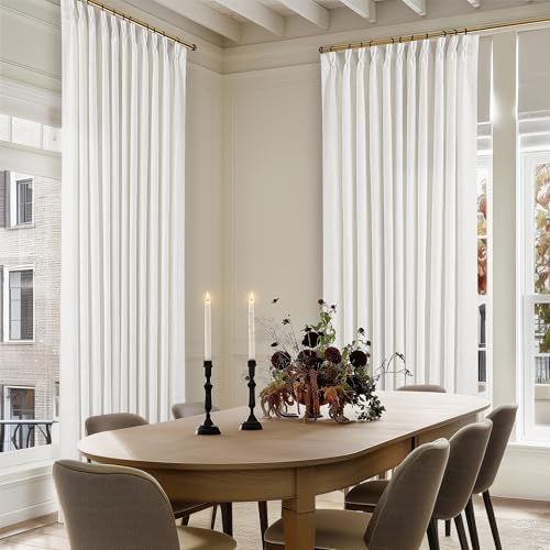 Image of Beige White 70 Inch Wide Curtains 90 Inches Long for Living Room Light Filtering Semi Sheer Modern Farmhouse Pleated Curtain with Hooks Rings for Patio Sliding Door Dining Room Large Window 1 Panel