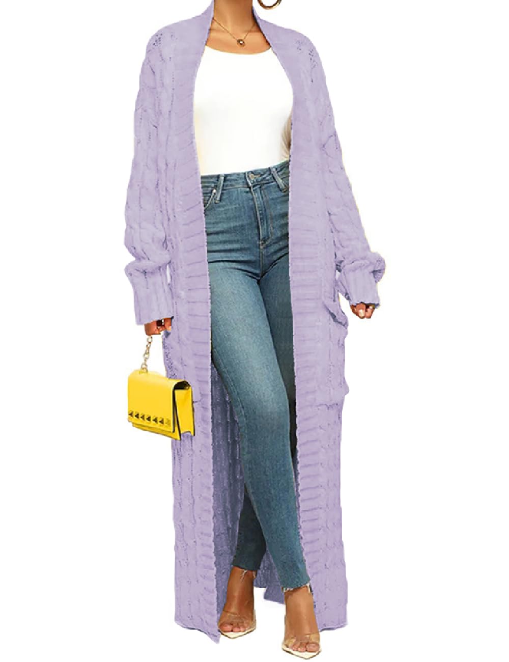 Womens Thin Stylish Cable Knit Dual Extra Long Maxi Cardigan with 2-Pockets