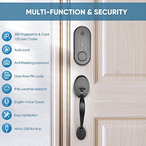 5 In 1 Fingerprint Smart Front Door Lock Set, Keyless Entry, With Handle, Touchscreen Keypad Deadbolt, Works With App, Auto-Lock, Code, Easy Installation #TOP5