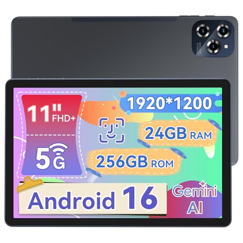 Tablet 2026 Android 16 Tablet with Gemini AI 2.0, 11 Inch FHD Display, 24GB RAM 256GB ROM /2TB TF, 4G SIM Card Slot, T7250 CPU+16MP Camera, 8000mAh/18W, Android Tablets with TÜV Certified Netflix HD