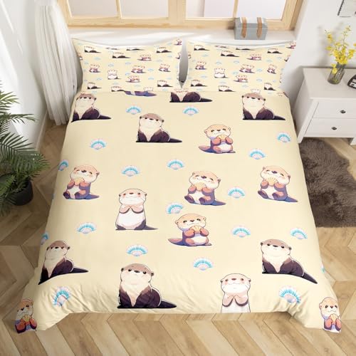 Manfei Cartoon Otters Decorations Beddding,Ocean Lake Kifds Yellow Duvet Cover for All Season,Kawaii Sea Animals Kids Bedroom Decor Comforter Cover(No Filler) Full Size,3PCS