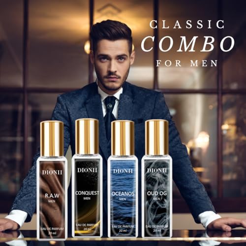 Image of Dionii Eau De Parfum Gift Set for Men | OUD OG, R.A.W, CONQUEST, OCENOS Perfume Set | Long Lasting Fragrance (4 x 20ml Each)