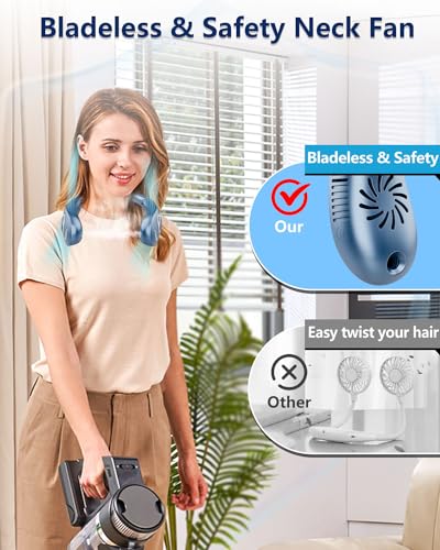 Image of Personal Neck Fans Mister with Water Spray, 4000mAh 4-9H Lasting, Mini Foldable Leafless AC for Neck Face Shoulder, LED Cordless Hanging Wearable Headphone Fan for Kid Adult Worker Hot Weather, Blue