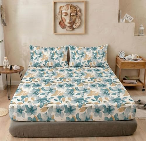 Image of HOMEKART 100% Cotton 240 TC Fitted Double Bedsheet with 2 Pillow Covers - Soft & Breathable Elastic Bedspread, 72x72 + 8 Inch Pocket, Skin-Friendly All Season Comfort (Dusty Aqua)