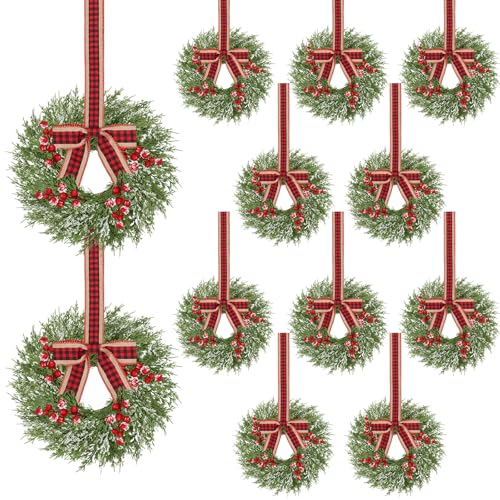 Image of 12 Pcs Small Christmas Wreath, Christmas Wreaths for Windows, Winter Mini Wreaths Christmas, Cabinet Wreaths for Kitchen Christmas, Window Decorations for Front Door Candle Rings Outdoor Indoor