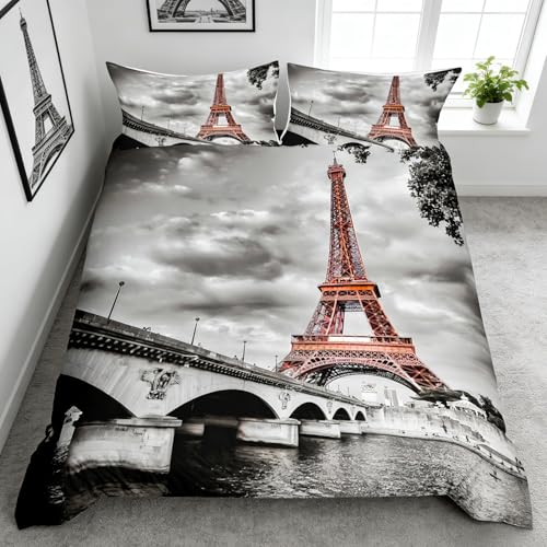 Tour Eiffel Imprimé Housse de Couette Rétro Paris Thème Parure de Lit 220x240cm pour Enfants Hommes Pont Lac Gris Série Parure Housse de Couette Paris Paysage urbain...