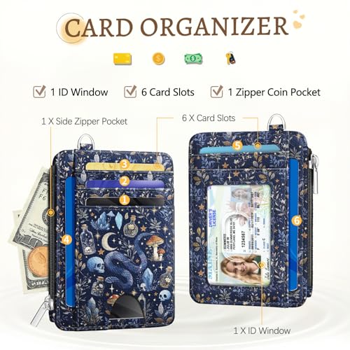 Image of Kelvoris Goth Mushroom Credit Card Holder, Slim Wallet Women, Small RFID | Keychain, Zipper Coin Pocket, Front Pocket Thin Travel Card Case, Minimalist, 6 Card Slots, 1 ID Window, Ladies Gifts Woman