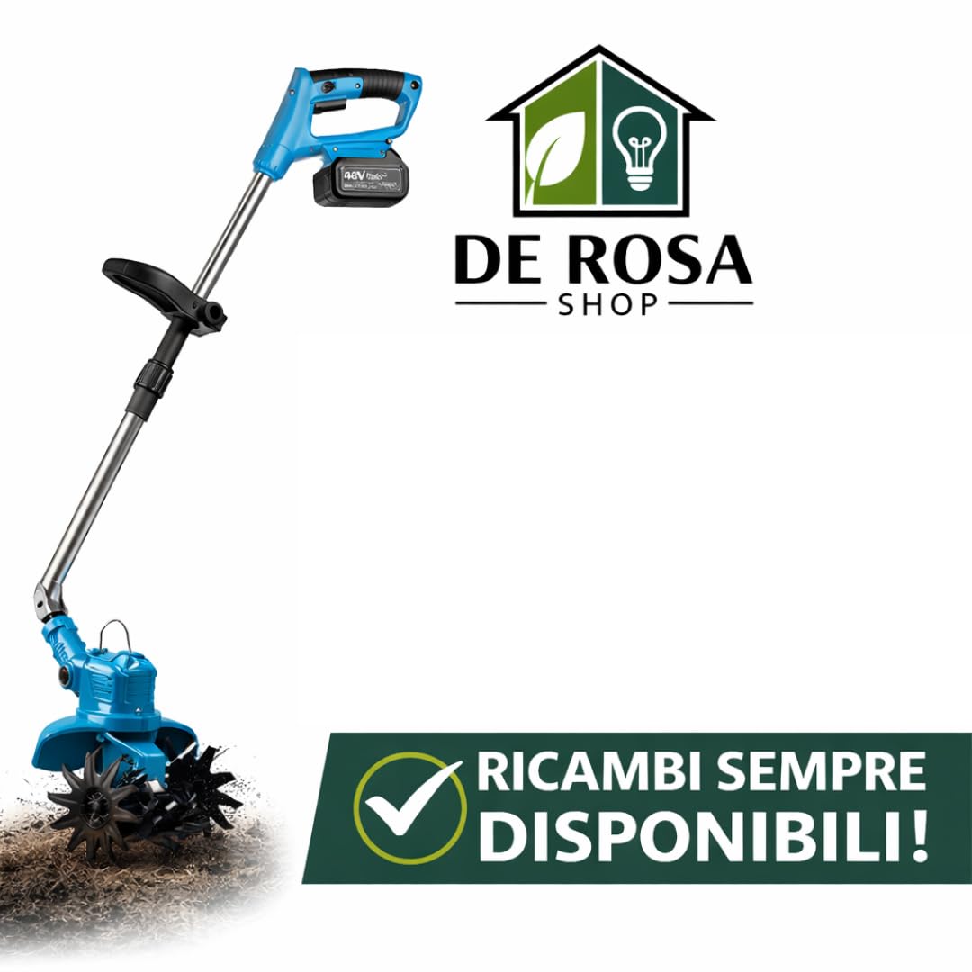 Motozappa Elettrica a Batteria 48V, Zappetta da Giardino Portatile con Asta Regolabile in Acciaio Inox, Attrezzo per Lavorazione e Frantumazione Terreno, 2 Batterie Incluse + Caricatore.