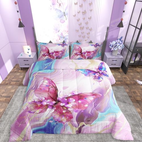 Image of Erosebridal Floral Marble Butterfly Queen Comforter Set for Kids Teens Adults,Pink Blue Tie Dye Bedding Set,Elegant Marble Texture Duvet Insert,Modern Aesthetic Bed Set for All Season