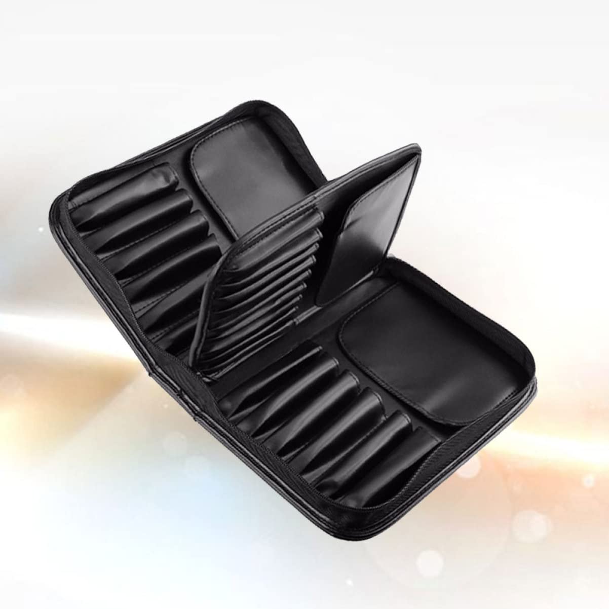 Borsa Nera Grande Capacità per Porta Pennelli Make-up in Pelle Pu | Pieghevole e Compatta, Formato 1 Pezzo, Adatta per Auto e Viaggio, Può Contenere Fino a 29 Pezzi