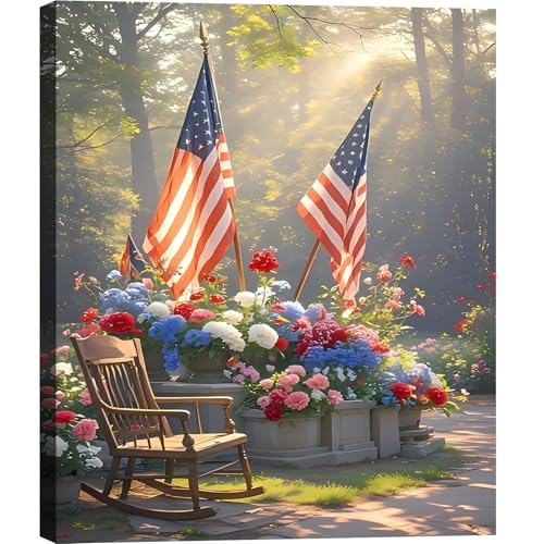 Image of Framed American Flag Floral Garden Wall Art, Patriotic 4th of July Canvas Art Pictures, USA Flag Flower Wall Decor, Made in USA Ready to Hang for Living Room Porch
