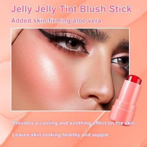 2PCS Cooling Water Jelly Lip Tint/Blush, Jelly Blush Stick Makeup, 3-in-1 Cheek and Lip Tint-Chill Poppy Pink Water Jelly Stain Lip Gloss, Lip and Cheek Jelly Blush Stick Lipstick (2PCS SET B)