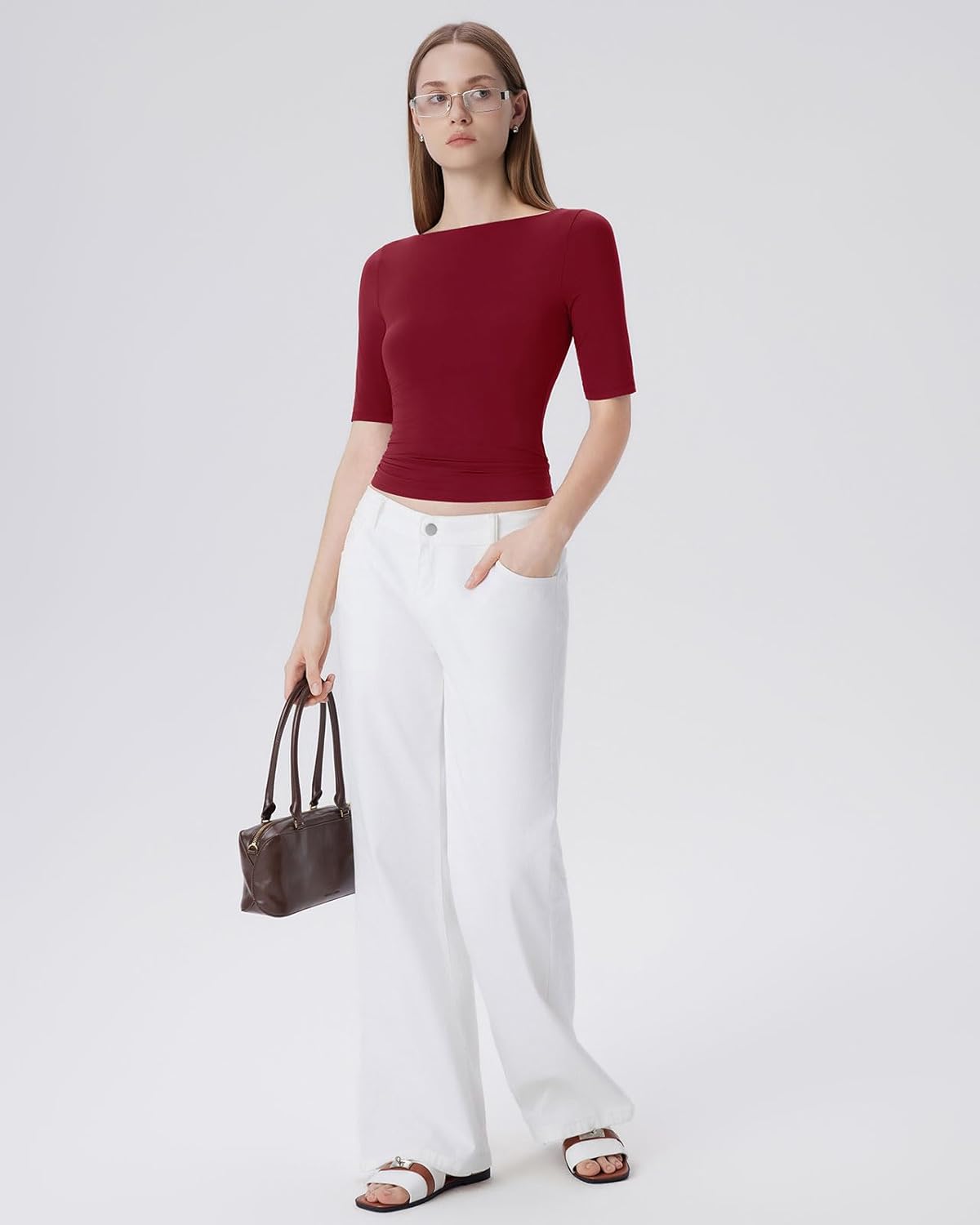 SUUKSESS Women Double Lined Half Sleeve Boat Neck Tops Tight Fitted Shirts - Image 5