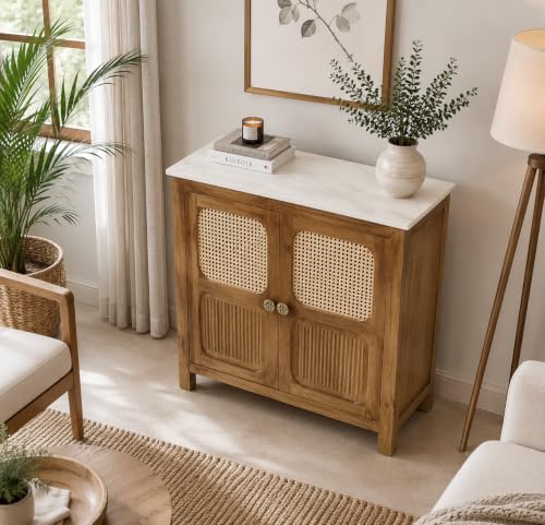 Image of The Attic Crestwood Solid Wood Two Door Sideboard Cabinet with Cane Doors | Storage & Display Cabinet for Living Room & Dining Room | Handcrafted Mango Wood, Light Teak Finish