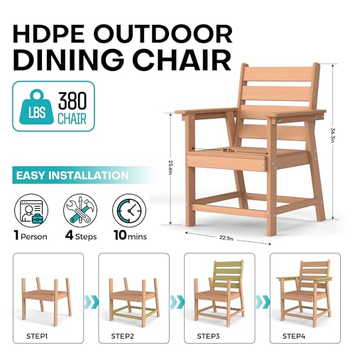 Image of HDPE Dining Chair Set of 2, All-Weather Patio Dining Chair with Armrests, Wood Grain Texture, Heavy Duty Outdoor Furniture for Backyard, Garden.Cedar