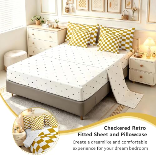 Image of Feelyou Checkered 7 Piece Bedding Set Teen Yellow White Plaid Decoration Comforter Set with Sheets Queen Size Kids Boys Cute Retro Neutral Grid Geometric Bed in a Bag Vintage Aesthetic Room Decor