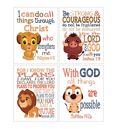 Lion King Christian Nursery Decor Set of 4 Unframed Prints Mufasa, Pumba, Simba and Timon with Bible Verses