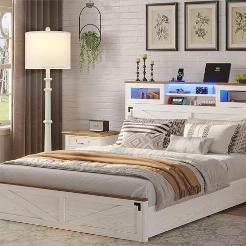 Image of Floor Lamps for Living Room - 60 inch Farmhouse Floor Lamp with Adjustable Color Temperatures - Vintage Standing Lamp Reading Light with Linen Shade Retro Tall Lamp for Bedroom Office, Almond White