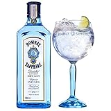 Set de regalo Bombay Sapphire Cocktail Gin, 40 % vol., 70 cl / 700 ml, estuche que incluye una botella de Bombay Sapphire Premium Distilled London Dry Gin, y una copa balón de ginebra
