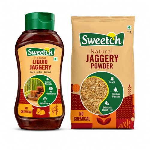 Image of Sweetch Natural Sweetener Combo Liquid Jaggery Kakvi 400g & Cane Jaggery Powder 1kg | Unrefined Sulphur Free Natural Sweetener | Gur Gud for Tea Coffee Baking Cooking & Daily Use