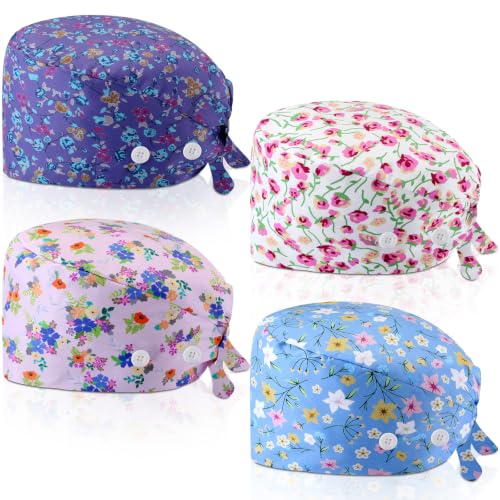 Image of Unittype 4 Pcs Nurse Caps for Women Nursing Working Caps with Button and Sweatband Adjustable Elastic Scrub Hats for Dentist