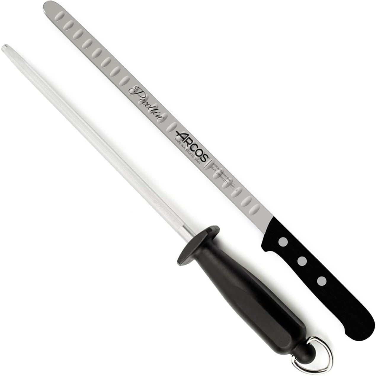 Cuchillo Jamonero de 29 cm + Chaira 23 cm – Cuchillo de Hoja Flexible con Alveolos Acero Inoxidable NITRUM Para Cortar Patas y Paletas de Jamon Proteccion Bacteriana Bactiproff Silver