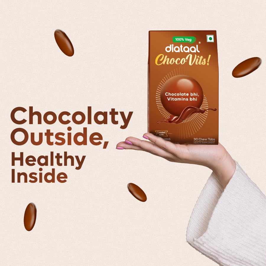Image of Diataal ChocoVits Veg, Chewable Multivitamin | 30 Chocolaty Tabs with 11 Essential Vitamins | Power of B-complex vitamins, B12, D3, Nicotinamide, Vitamin A, C & E for Energy | Immunity | Healthy Skin.
