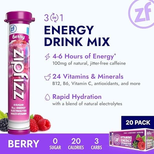 Image of Zipfizz Daily Energy Drink Powder, Berry, 12 Pack | 3-in-1 Sustained Energy, Rapid Hydration, and Essential Vitamins | Sugar-Free | Electrolyte Powder | Contains Vitamin B-12 & Antioxidants