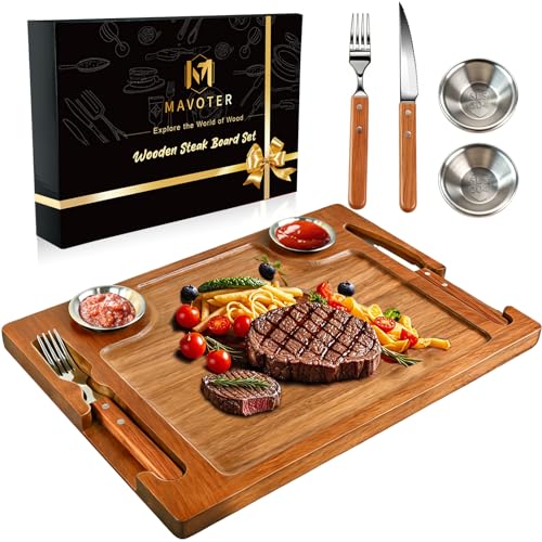 Acacia Wooden Steak Board - Reversible Charcuterie Boards Cutting Board Set with Fork, Knife and 2 SUS304 Ramekins,15.7” Wood Serving Board for Home BBQ,Valentine's Day Gift for Men Women (1 Set)