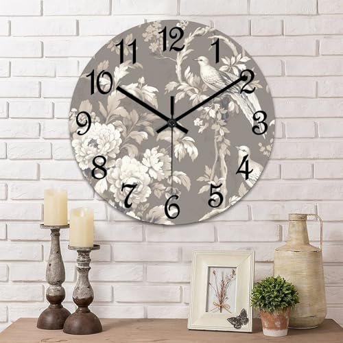 COCOKEN Tan French Country Toile Floral Round Wall Clock PVC Clock Silent Non Ticking Battery Operated Easy to Read for Student Office School Home Decorative Clock Art 10"