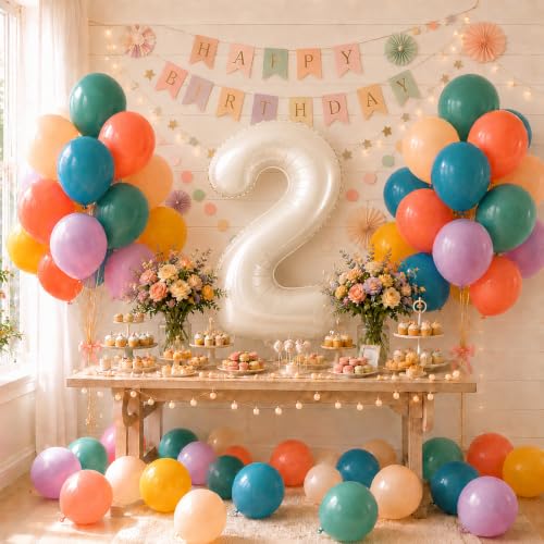 Image of 40 Inch Boho Rainbow Number 2 Balloon Tower for 2nd Birthday Decorations