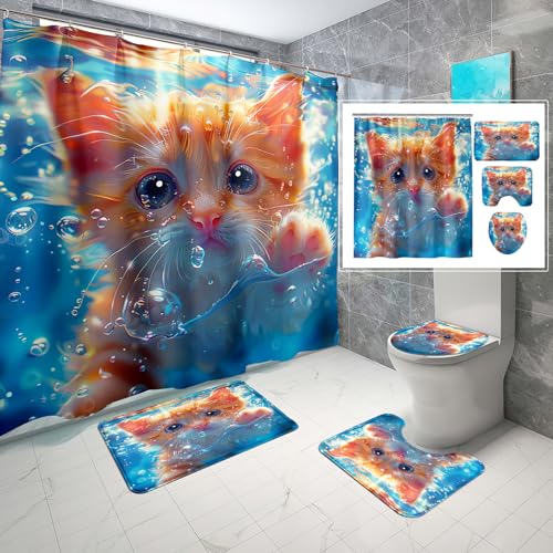 CDIWIDH 4 Pcs Funny Cat Shower Curtain Set - Cute