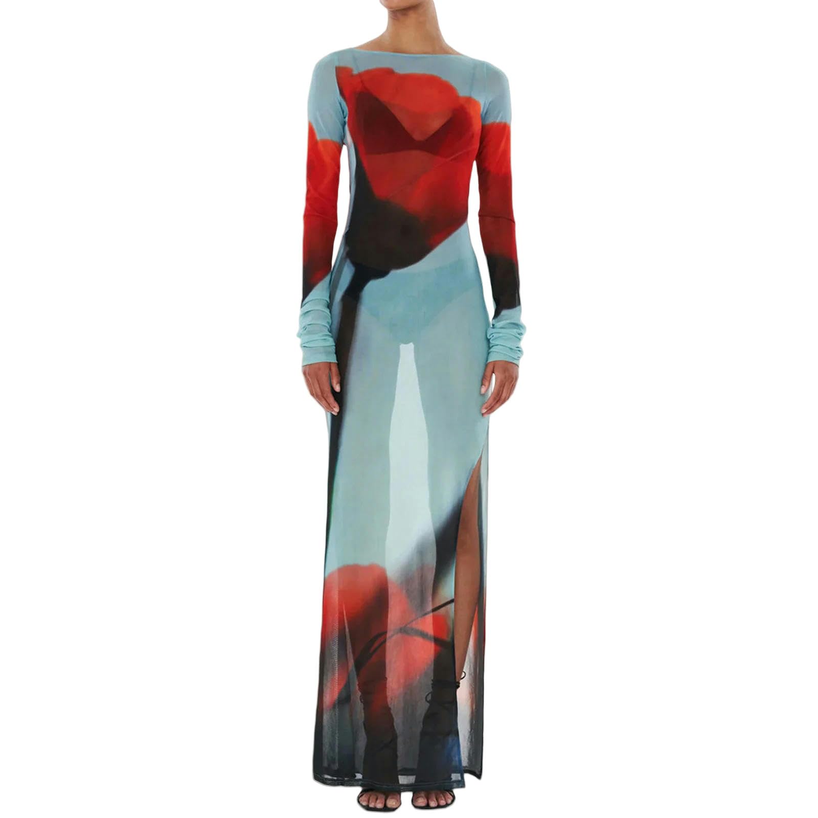 Robe femme florale en maille transparente avec fente latérale pour le bikini