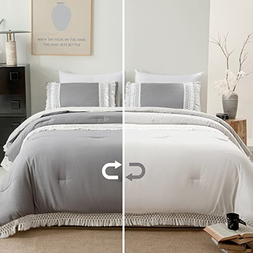 Boho Gray Comforter Queen Size Shabby Chic Bedding Set White and Grey Reversible Design Chic Tassel Fringe Farmhouse Comforter Set with 2 Bohemian Pillowcases