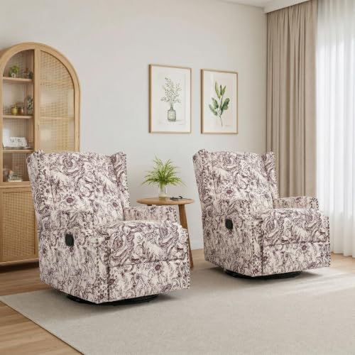 Image of Swivel Rocker Recliner Chairs Set of 2, 360 Swivel Wingback Recliner Chairs for Adults, Upholstered Glider Rocking Chair with High Back, Deep Seat for Living Romm Bedroom, Rococo Plum