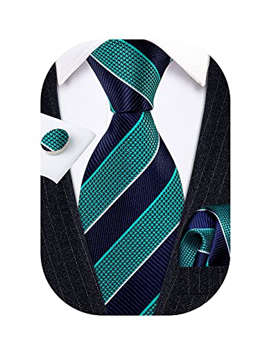 Barry.Wang Mens Blue Tie Silk Jacquard Teal Navy Striped Formal Fashion Necktie and Pocket Square Cufflinks Wedding Business