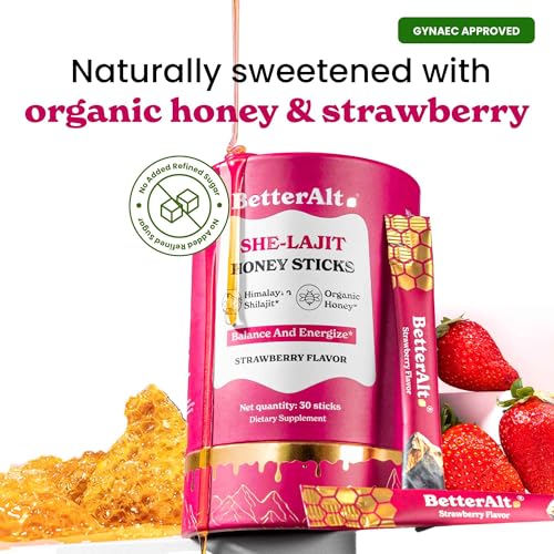 Image of BetterAlt SHE-Lajit Strawberry Honeysticks|Shilajit for Women with Shatavari & Saffron for hormonal Balance & Energy Boost|Tasty sticks with Goodness of Pure Himalayan Shilajit|30 Sticks