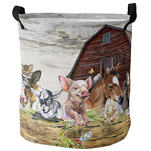 Laundry Basket Animal Pig Cow Farm Barn,Waterproof Collapsible Clothes Hamper Retro Fence Country Wheat Harvest,Large Storage Bag For Bedroom Bathroom #TOP16