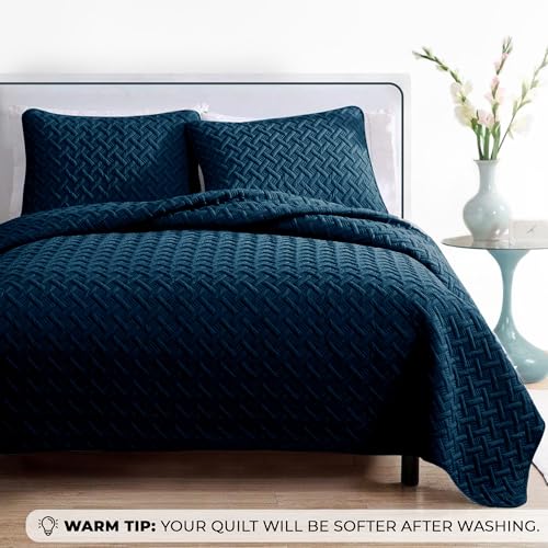 Image of Story@Home Quilted Bedspread for King Size Bed | 400 TC Bedcovers for King Size | Bed Cover | Quilted Bedsheet with 2 Pillow Cases | 250x225 CM 100% Cotton Ultrasonic Quilting - Dark Blue