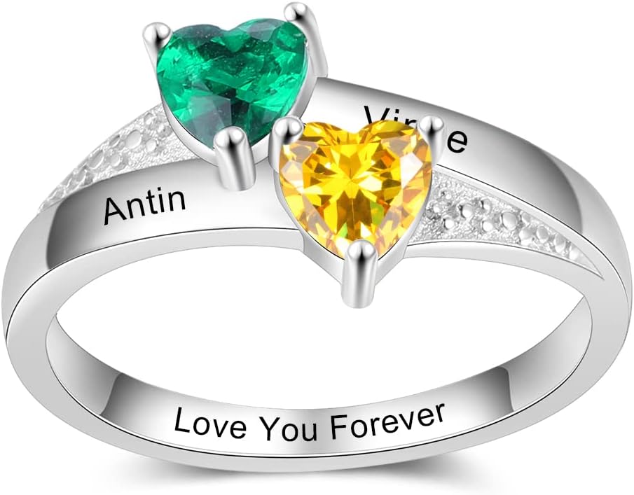 Personalized Simulated Birthstones Ring Custom Engraved Wedding Ring for Women Engagement Promise Ring for Her Birthday Christmas Jewelry Gift