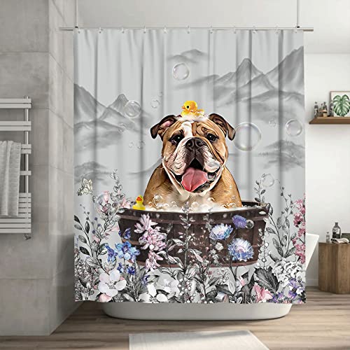 jamie world Black and White Farmhouse Shower Curtain Funny Bulldog Floral Bathroom Shower Curtains Animal Shower Curtain Waterproof Polyester Fabric with Plastic Hooks 60 x72 Inches by jamie world - Used condition - US$18.80