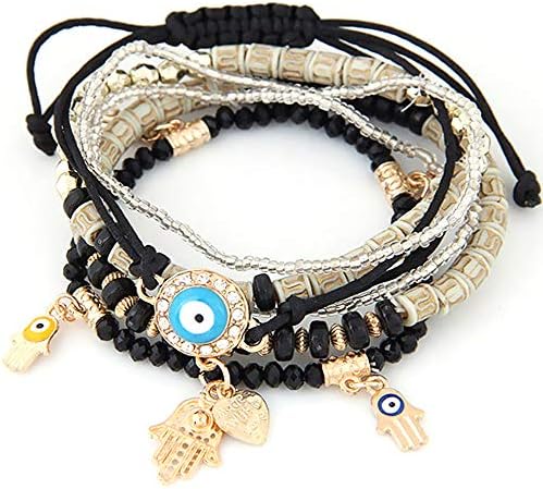 Charm Bracelet, Morenitor 6 in 1 Decomposed Eye Palm Rice Beads Pendant Multi-Layer Bracelet Jewelry Christmas Gifts for Women Girls